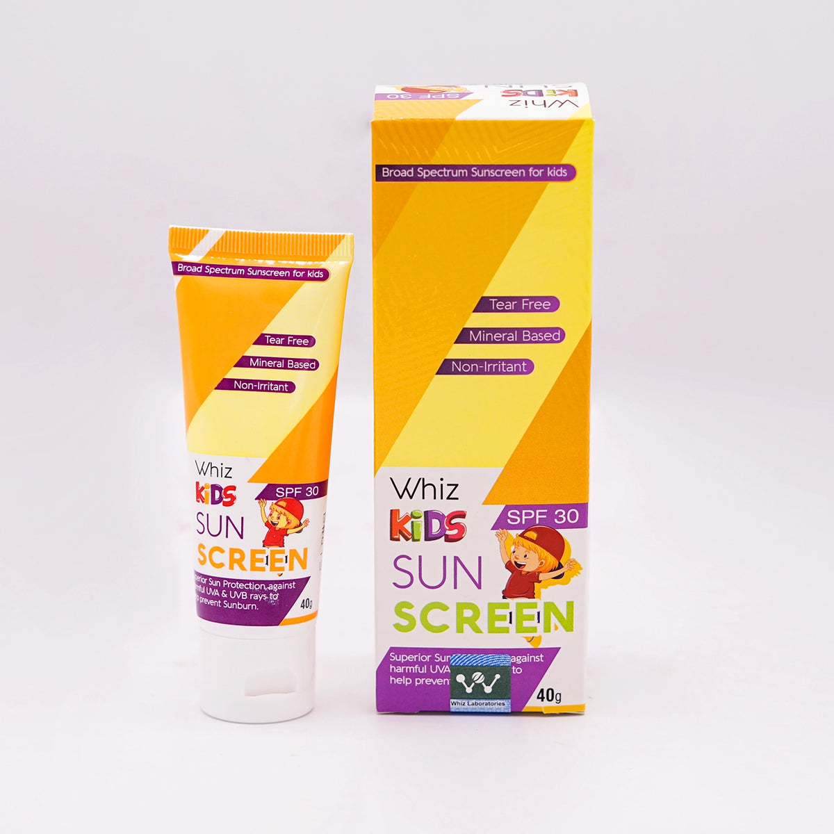 Whiz Kids Sun Screen SPF 30, Broad Spectrum Sunscreen for kids, 40g, in a yellow and orange tube with a cartoon character, next to its matching yellow and orange box.