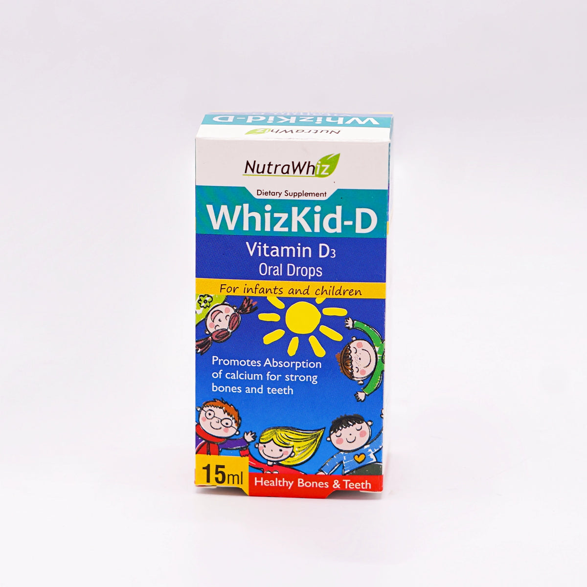 NutraWhiz WhizKid-D Dietary Supplement Vitamin D3 Oral Drops, 15ml, for infants and children, in a colorful white, blue, and yellow box featuring cartoon children and a sun graphic, set on a white background.