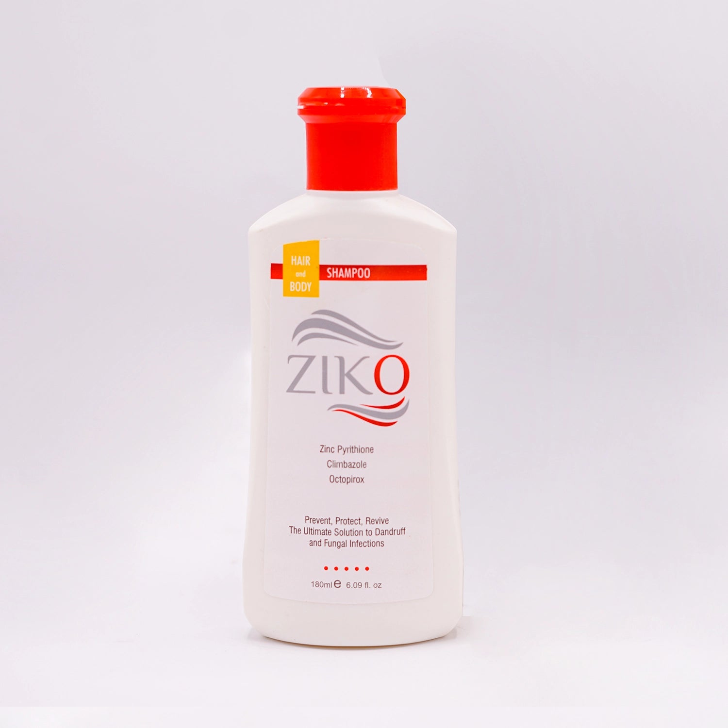 Ziko Hair & Body Shampoo, an ultimate solution with Zinc Pyrithione, Climbazole, and Octopirox to prevent, protect, and revive against dandruff and fungal infections.