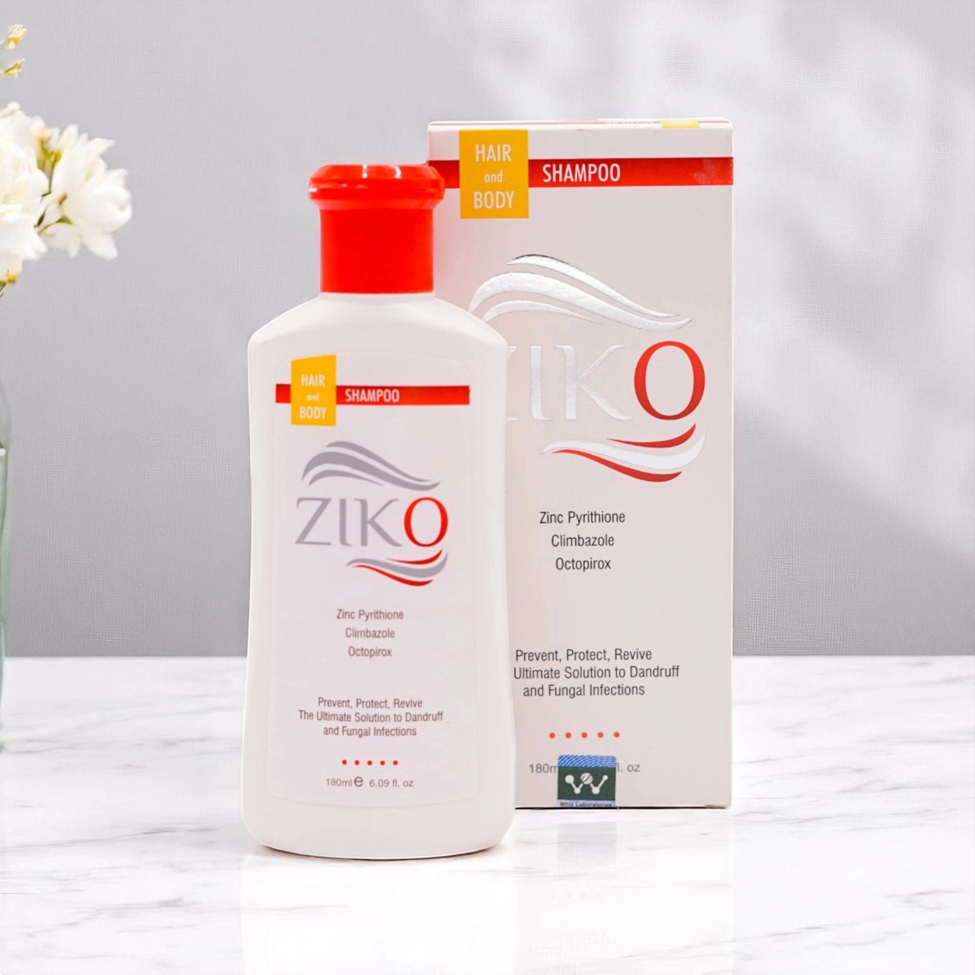 Ziko Hair & Body Shampoo bottle with its white and blue box.