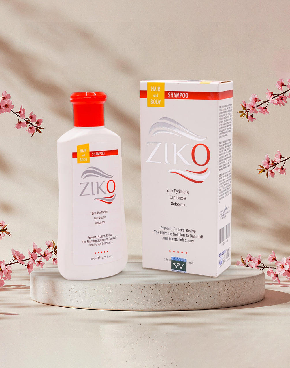 Ziko Hair and Body Shampoo, 100ml white bottle with a red flip-top cap and a white and red label.