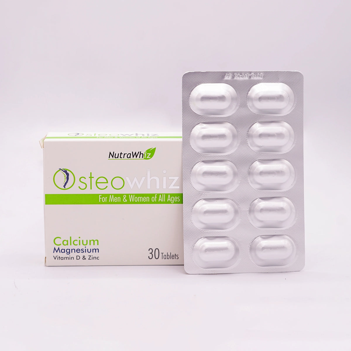 NutraWhiz Osteowhiz 30 tablets for men & women of all ages, in a white box with green and orange accents, featuring a bone-like texture graphic, and a silver blister pack containing 10 tablets, set on a white background.