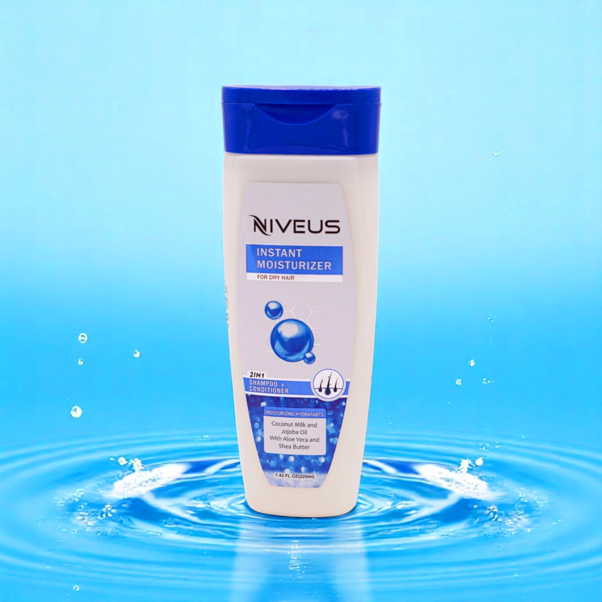 Niveus Instant Moisturizer 2-in-1 Shampoo & Conditioner, white bottle with a blue flip-top cap and a blue and white label, featuring a graphic of water droplets and hair strands