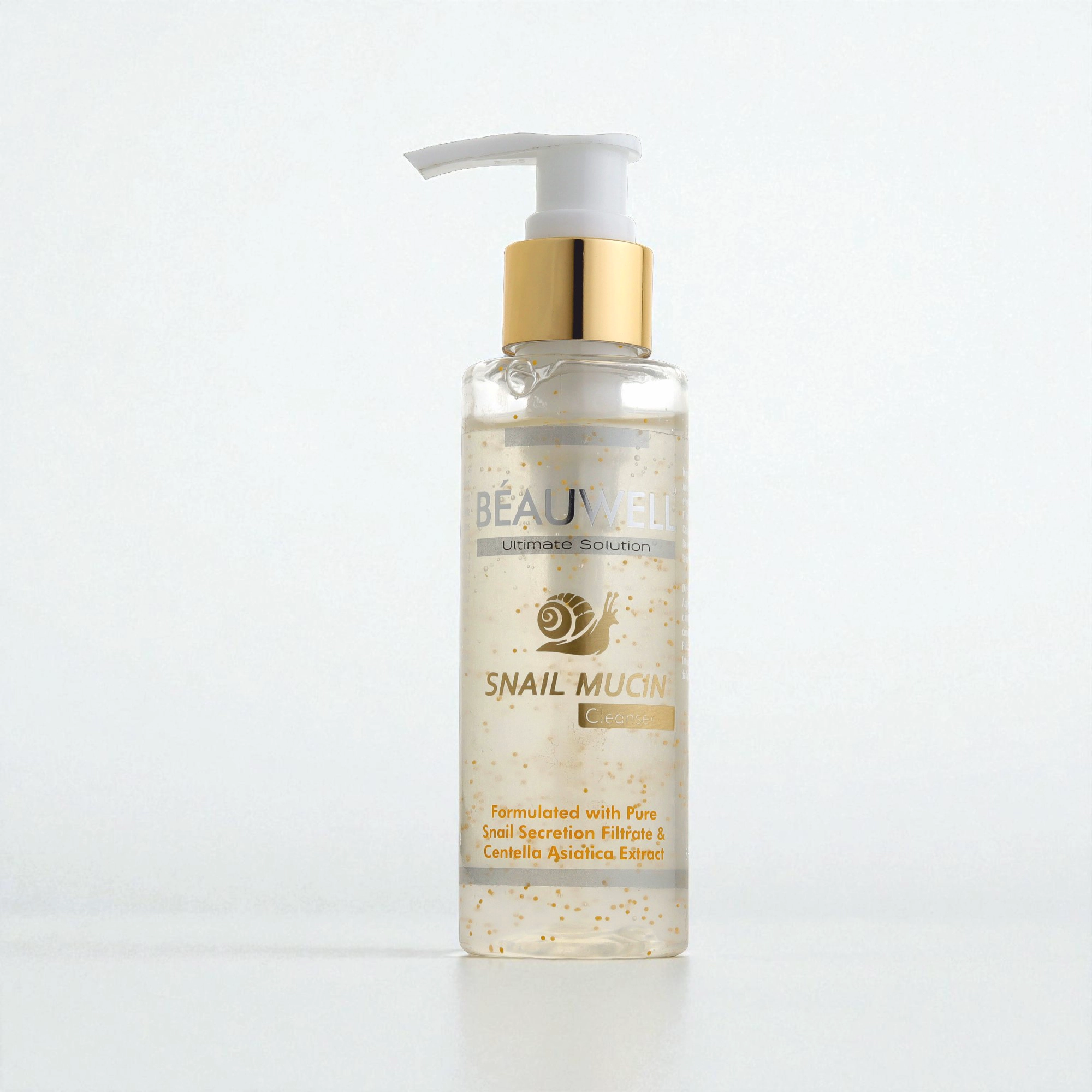 A bottle of snail cleanser by Beauwell positioned, highlighting the skincare item.