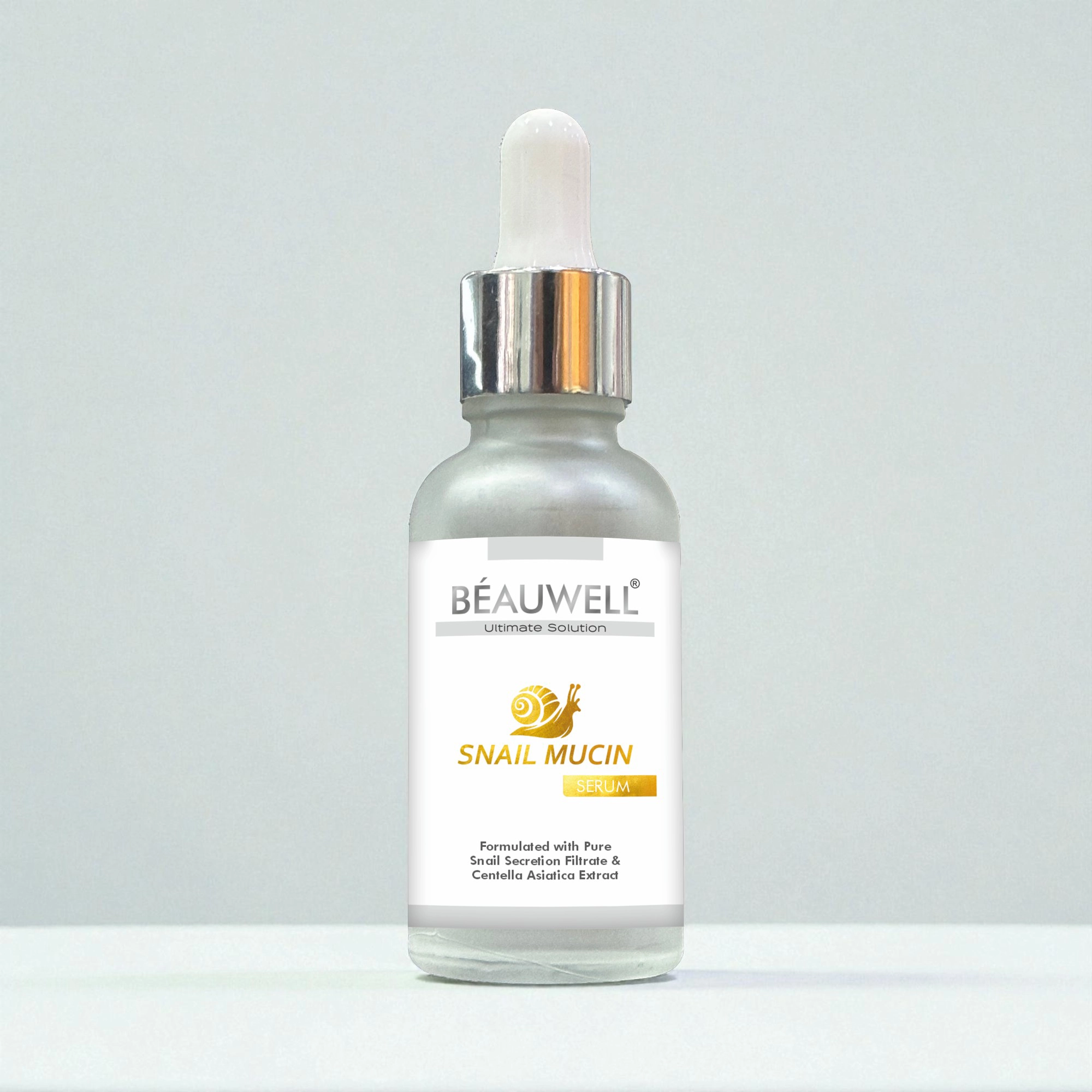 Beauwell snail serum bottle displayed on a clean white surface, showcasing its sleek design and label details.